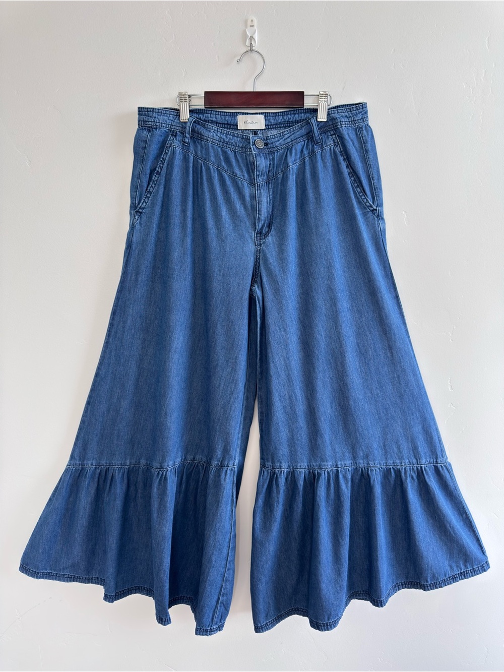 KanCan Daria Chambray Wide Leg Ruffle Hem Pants Medium Blue 9/28 Boho Western
